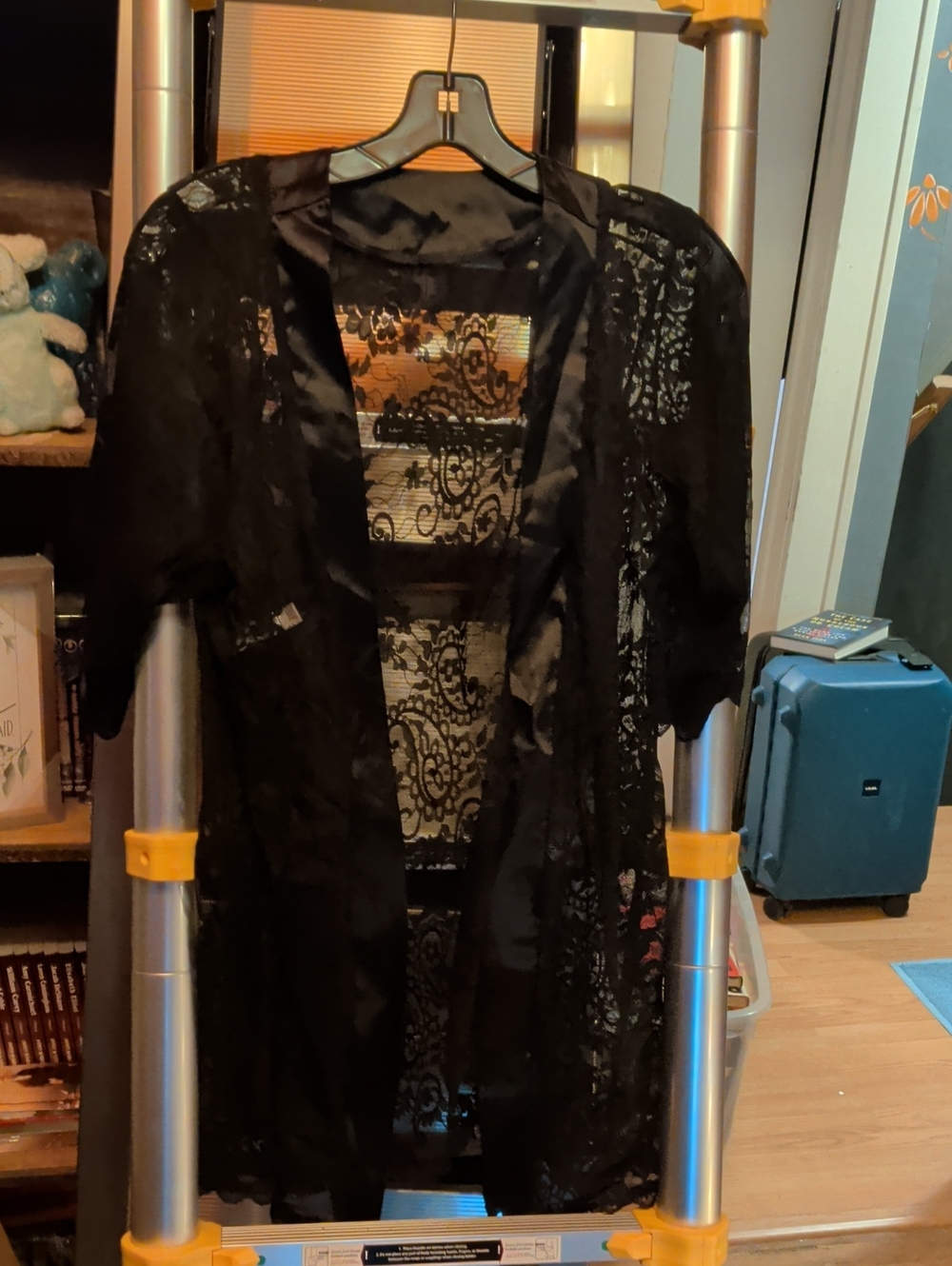 Sheer Black Lace Kimono Robe with Satin Trim